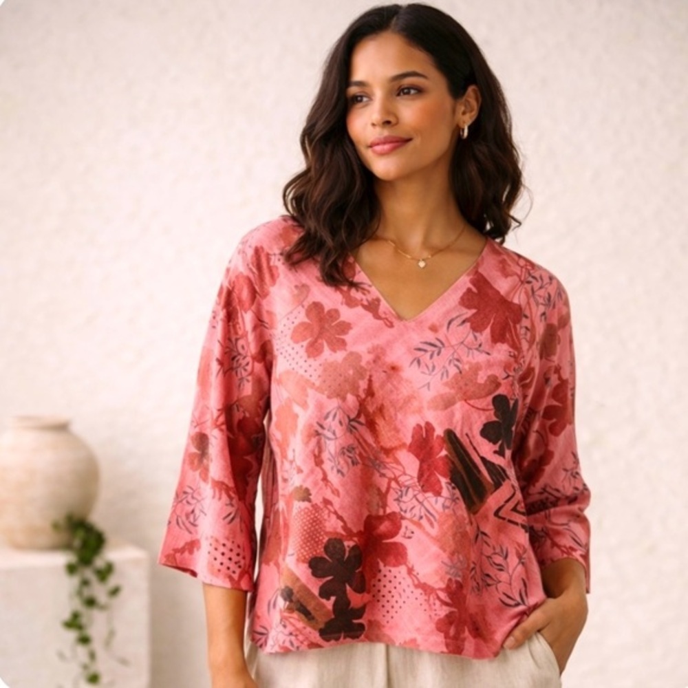 Vintage Click 100% Linen Abstract Floral Top‎ XL Pink/Brown Made in USA Artsy